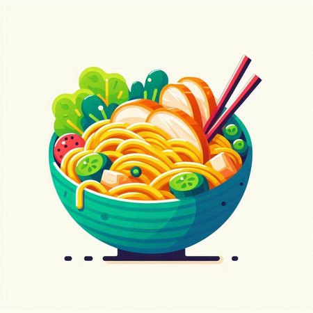 Illustration of noodle in bowl with chopsticks and vegetables.のイラスト素材