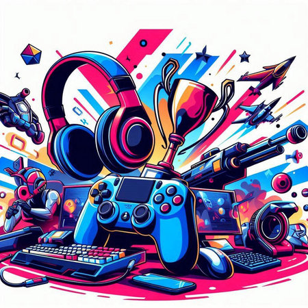 Vector illustration of a retro video game console with headphones, joystick and gamepadのイラスト素材