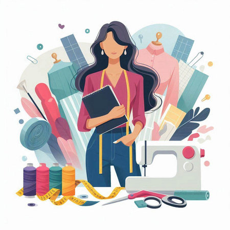 Vector illustration of a seamstress with a notebook and sewing tools.のイラスト素材