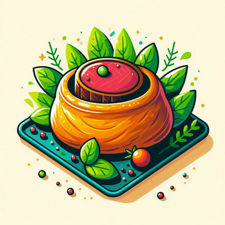 Illustration of a baked apple on a plate with green leaves.のイラスト素材