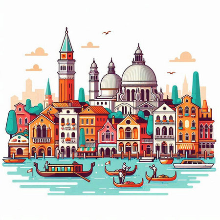 Venice Italy cityscape with gondolas and buildings vector illustrationのイラスト素材