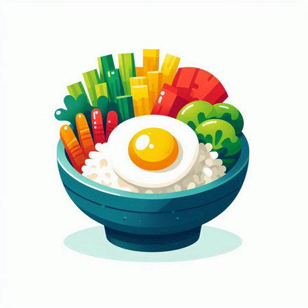 Bowl of rice with fried egg and vegetables, vector illustration.のイラスト素材