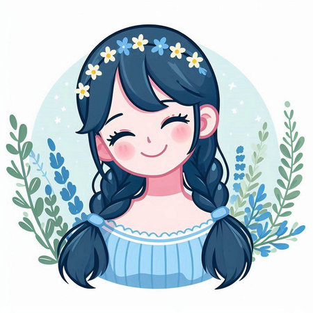 Cute cartoon girl with braids and floral wreath, vector illustrationのイラスト素材