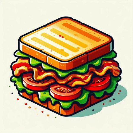 Sandwich with meat, cheese and vegetables. Vector illustration in cartoon style.のイラスト素材
