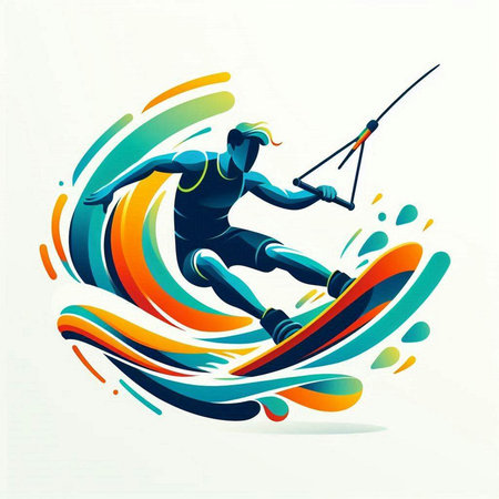 Kitesurfing sport abstract colorful vector illustration with human silhouette.のイラスト素材