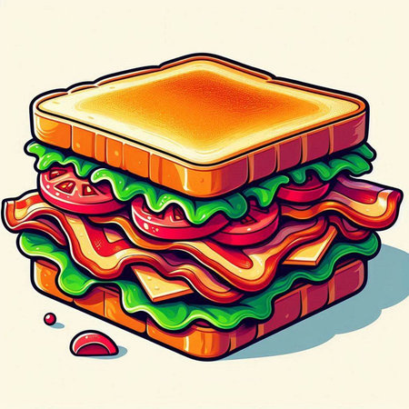 Illustration of a sandwich with lettuce, tomato, cheese and hamのイラスト素材