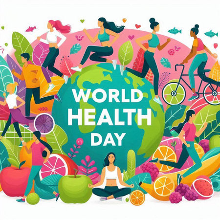 World Health Day banner with people and healthy lifestyle. Vector illustration.のイラスト素材