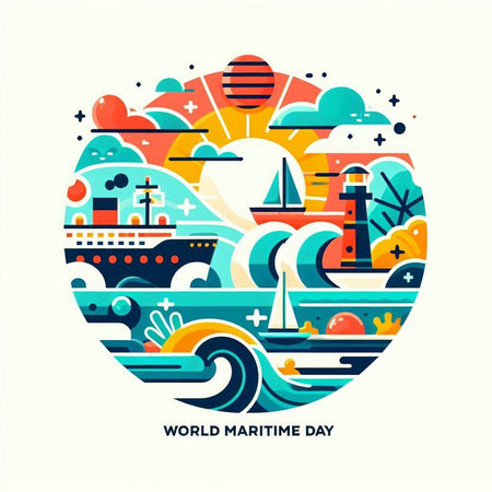 World Day of Shipping vector illustration in flat style. Lighthouse, ship and sea waves.のイラスト素材