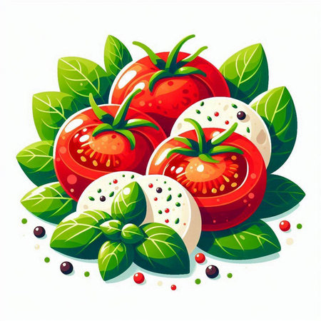 Tomatoes, mozzarella cheese and basil leaves. Vector illustration.のイラスト素材