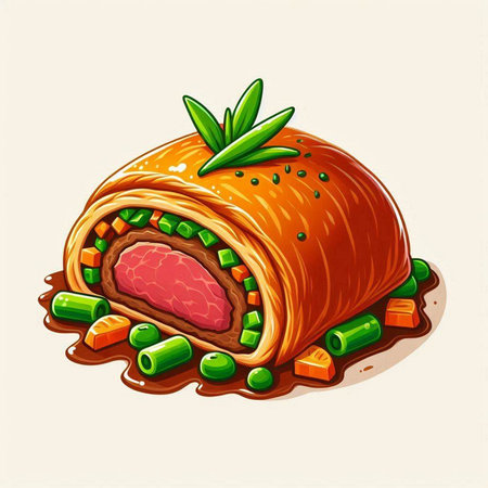 Illustration of a ham roll with green peas and carrots on a white backgroundのイラスト素材