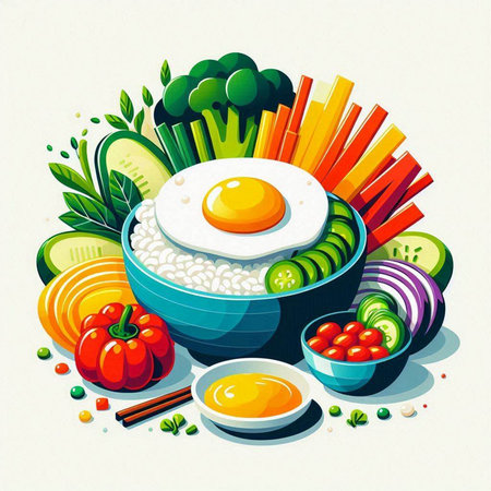 Illustration of healthy food with egg and vegetables on a white backgroundのイラスト素材