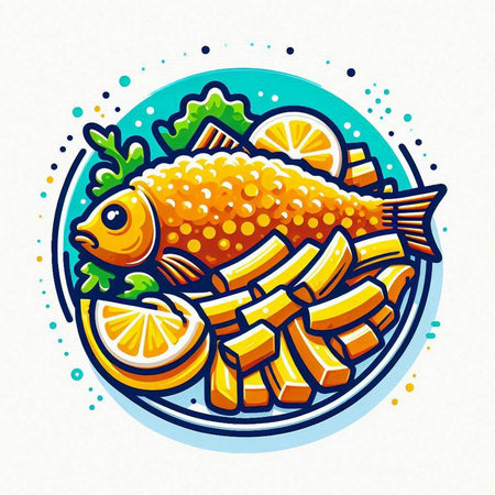 Fried fish with lemon and greens. Vector illustration on white background.のイラスト素材