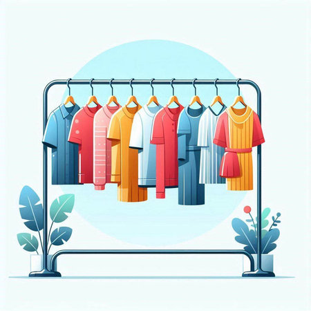 Clothes hanging on the rack. Vector illustration in flat style.のイラスト素材
