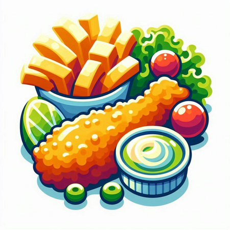 Illustration of fried chicken and french fries with mayonnaise.のイラスト素材