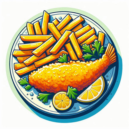 Fish and chips. Illustration of fried fish with lemon and parsley.のイラスト素材