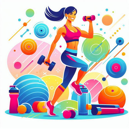 Fitness girl in sportswear doing exercises with dumbbells. Vector illustrationのイラスト素材