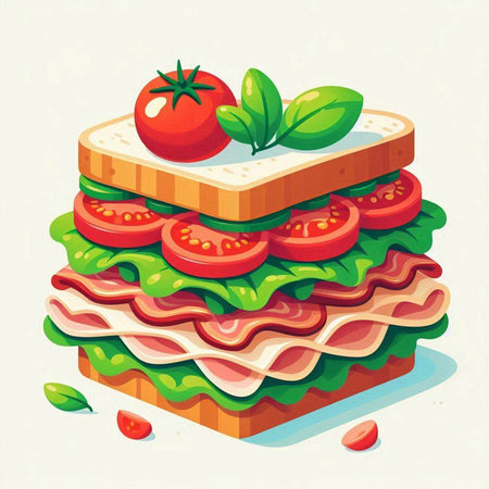 Sandwich with ham, cheese, tomatoes and basil. Vector illustration.のイラスト素材