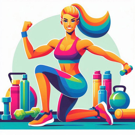 Fitness woman with dumbbells and bottle of water. Vector illustrationのイラスト素材