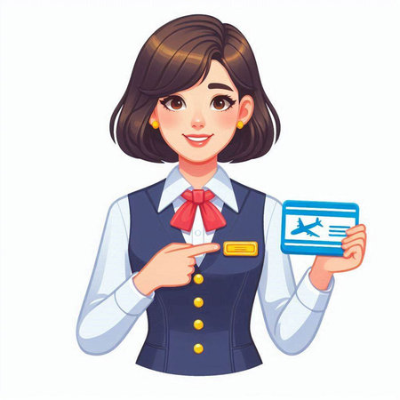 Airline flight attendant holding boarding pass ticket. Vector illustration isolated on white backgroundのイラスト素材