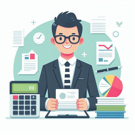 Businessman with documents and calculator. Vector illustration in flat style.のイラスト素材