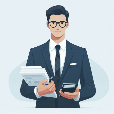 Businessman with documents and calculator. Vector illustration in cartoon style.のイラスト素材