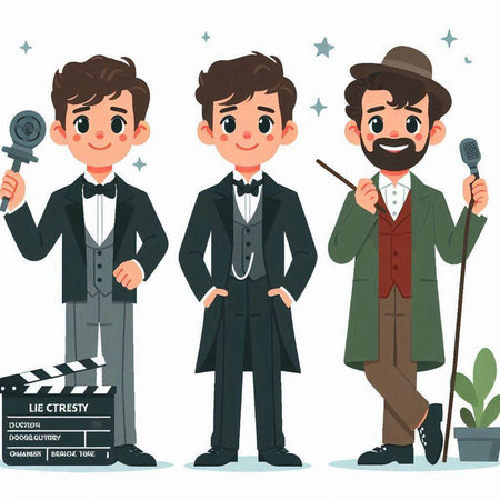 Illustration of a man with a microphone and a movie clapperのイラスト素材