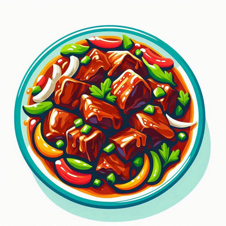 Beef stewed with vegetables in a bowl. Vector illustration.のイラスト素材