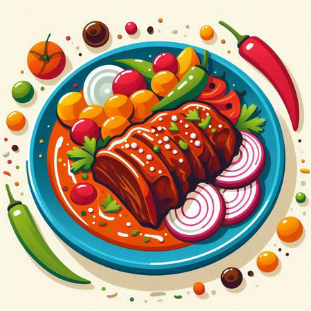 Illustration of a piece of meat with vegetables on a plate.のイラスト素材