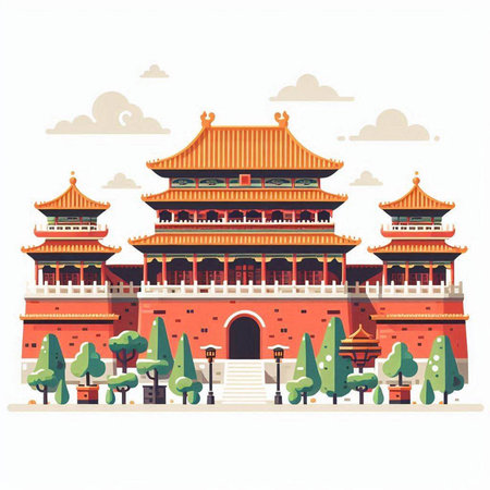 Chinese ancient building. Vector illustration in flat style on white background.のイラスト素材
