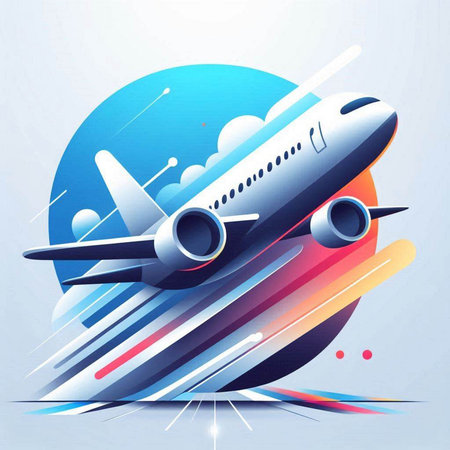 Vector illustration of a passenger plane flying in the sky with colorful backgroundのイラスト素材