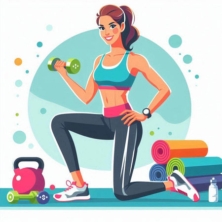 Fitness girl with dumbbells. Vector illustration in cartoon styleのイラスト素材