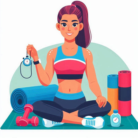 Sporty woman sitting on yoga mat with dumbbells. Cartoon vector illustration.のイラスト素材