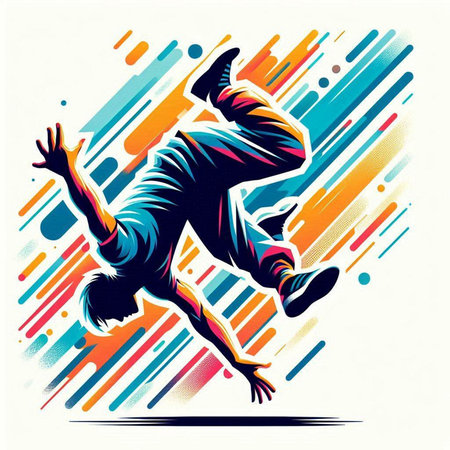 A young breakdancer jumping and dancing with a colorful background.のイラスト素材