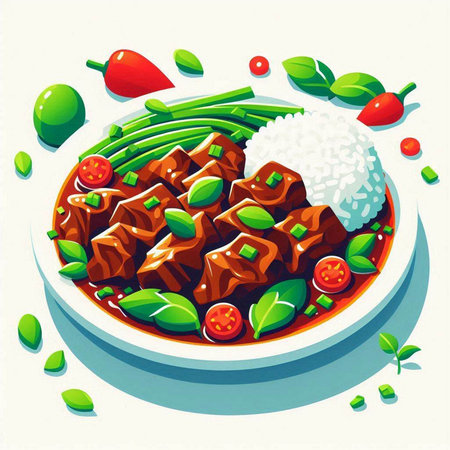 Illustration of beef stew with rice and vegetables on white background.のイラスト素材