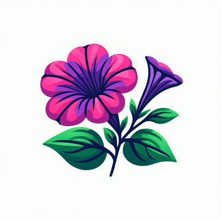 Illustration of a beautiful purple flower with green leaves on a white backgroundのイラスト素材