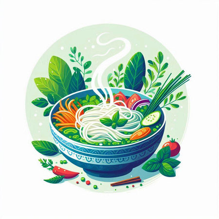 Vector illustration of a bowl of noodle soup with vegetables and herbsのイラスト素材