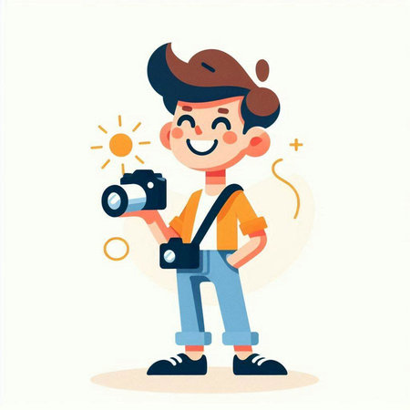 Cute boy with camera. Vector illustration in flat cartoon style.のイラスト素材