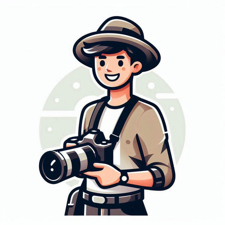 Photographer with camera. Vector illustration in cartoon style on white background.のイラスト素材