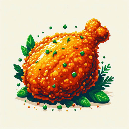 Illustration of a fried chicken with green leaves on a white backgroundのイラスト素材