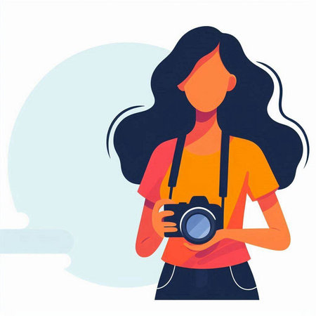 Young woman with a camera. Vector illustration in flat cartoon style.のイラスト素材