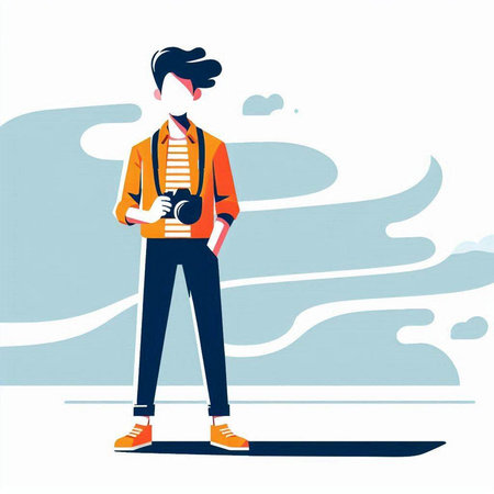 Young man with a camera on a background of clouds. Vector illustrationのイラスト素材