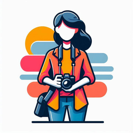 Female photographer with a camera. Vector illustration in flat cartoon style.のイラスト素材