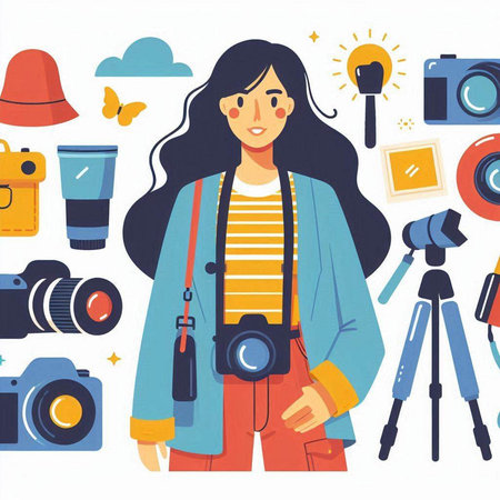 Photographer girl with camera and equipment. Vector illustration in flat styleのイラスト素材