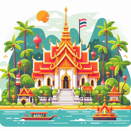 Buddhist temple in Thailand. Vector illustration in flat style.のイラスト素材