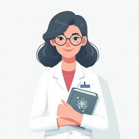 Scientist woman in white coat and glasses holding clipboard. Vector illustrationのイラスト素材