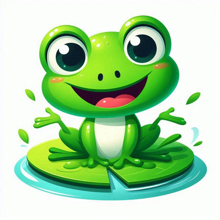 Cute cartoon frog sitting on a green grass. Vector illustration.のイラスト素材