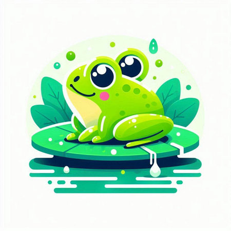 Cute cartoon green frog sitting on a leaf. Vector illustration.のイラスト素材