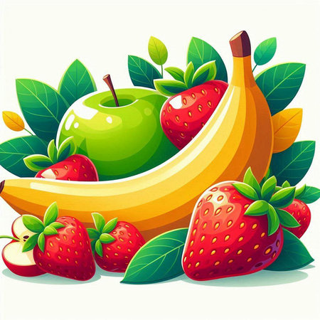 Fruit background with strawberries, bananas and apples. Vector illustration.のイラスト素材