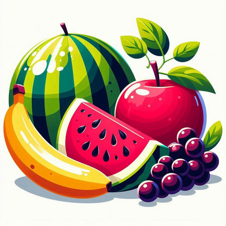 Fruits vector illustration. Watermelon, apple, banana, grapes.のイラスト素材