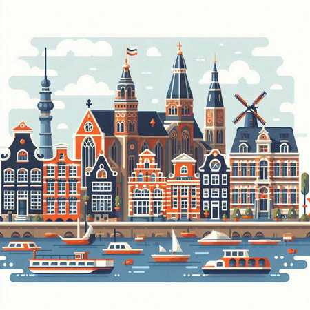 Amsterdam Netherlands cityscape with old houses, boats and windmills. Vector illustration.のイラスト素材